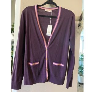 Womens Tory Burch Color Block Madeline Sweater Cardigan Dark Purple/Pink